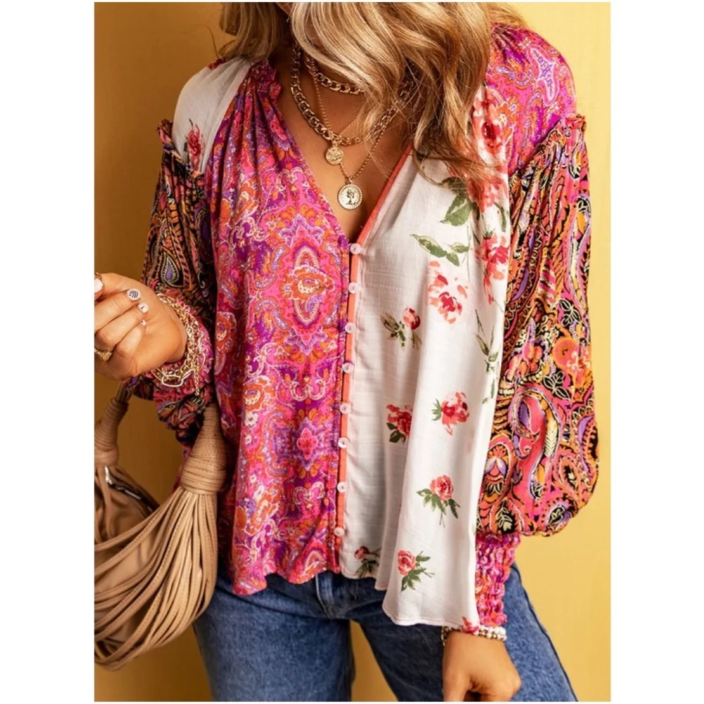 03 Boho Floral Print Button down Cottagecore Blouse - Picture 1 of 4